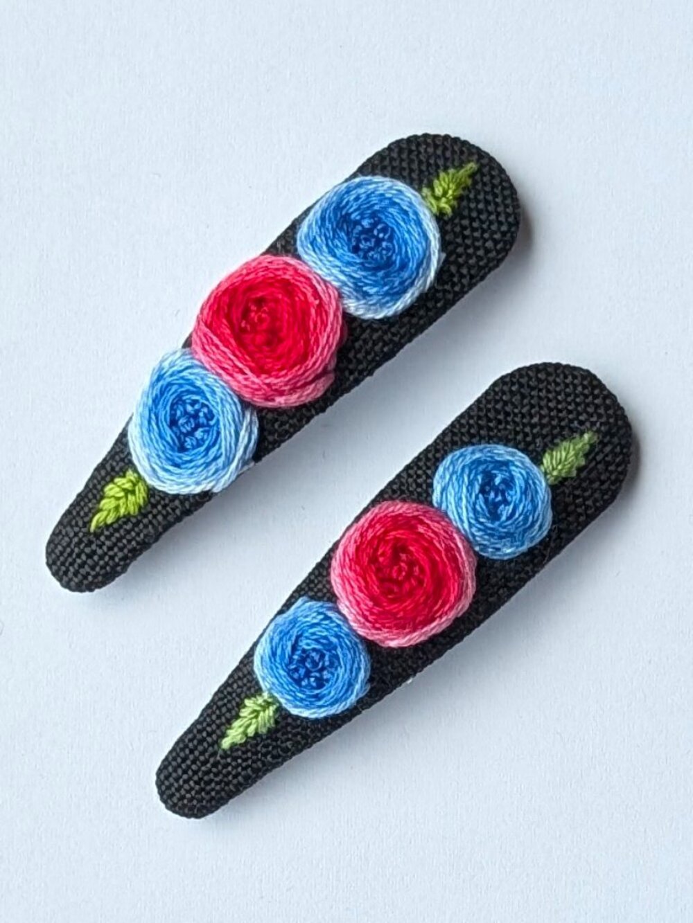 New Vibrant Rosettes on Black hand embroidered linen cotton handmade hair clips